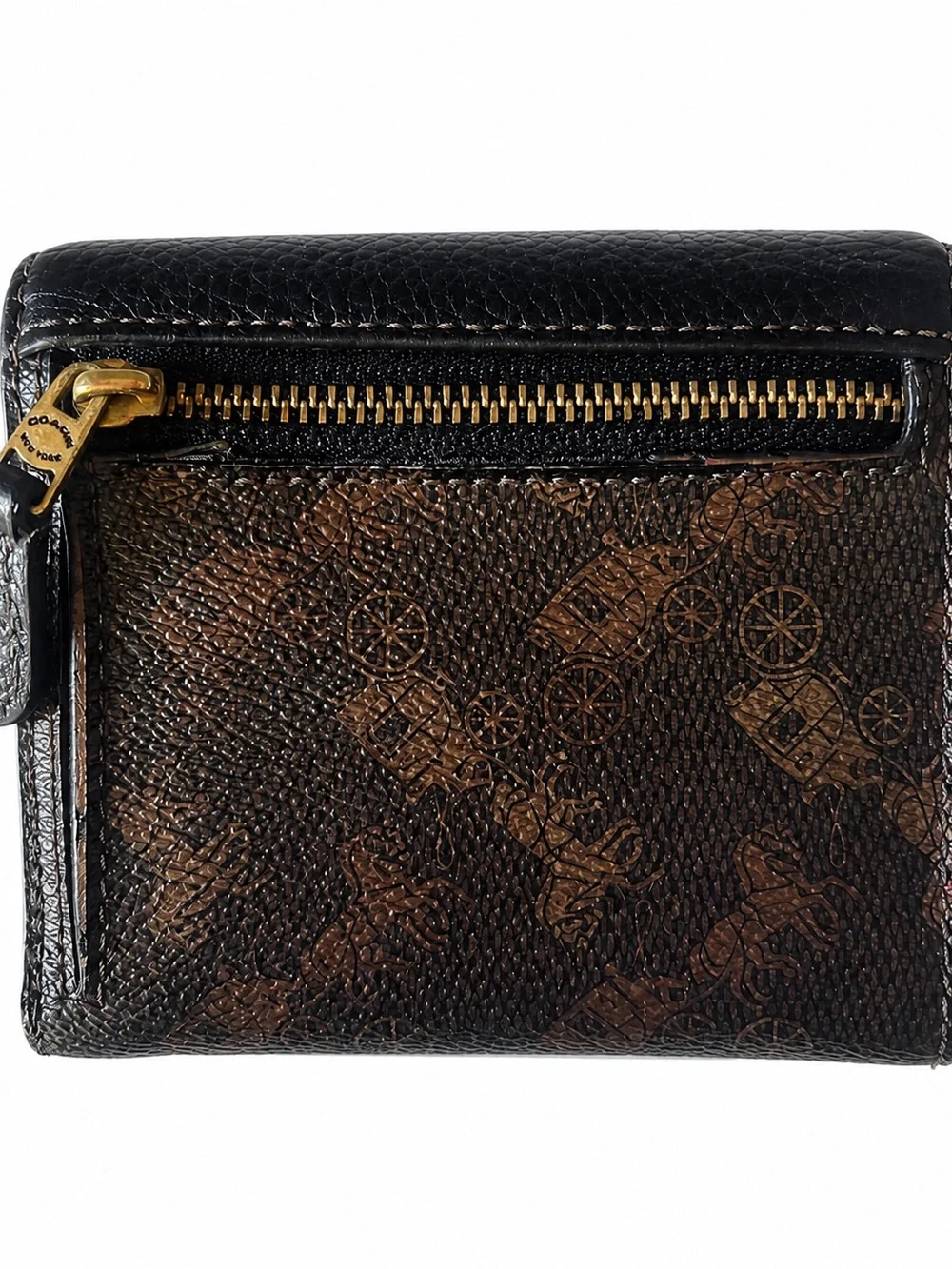 Coach Rehab Black and Brown Leather Bifold Wallet with Gold Logo